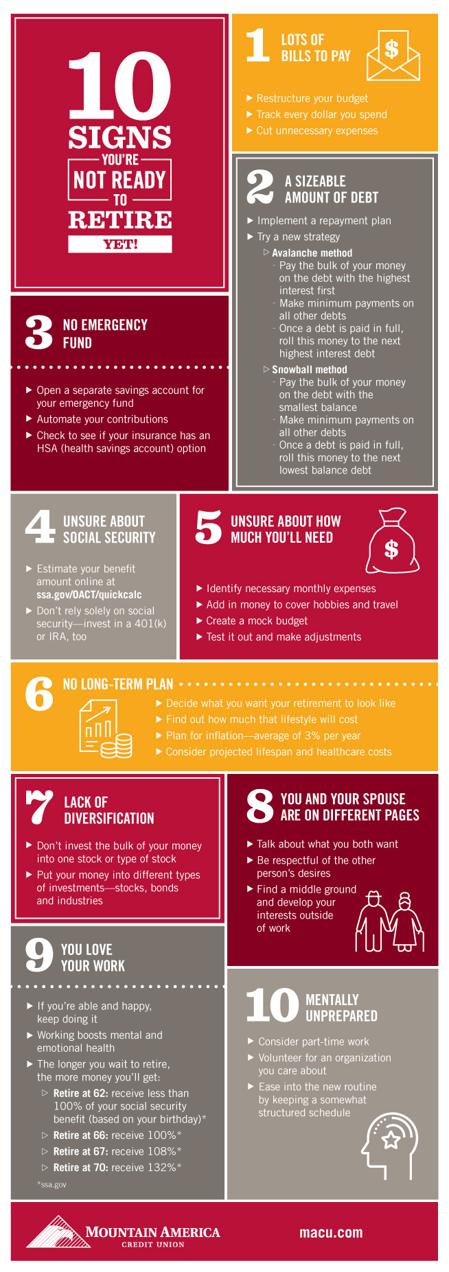Infographic on 10 reasons your not ready to retire with each step outlined in different squares